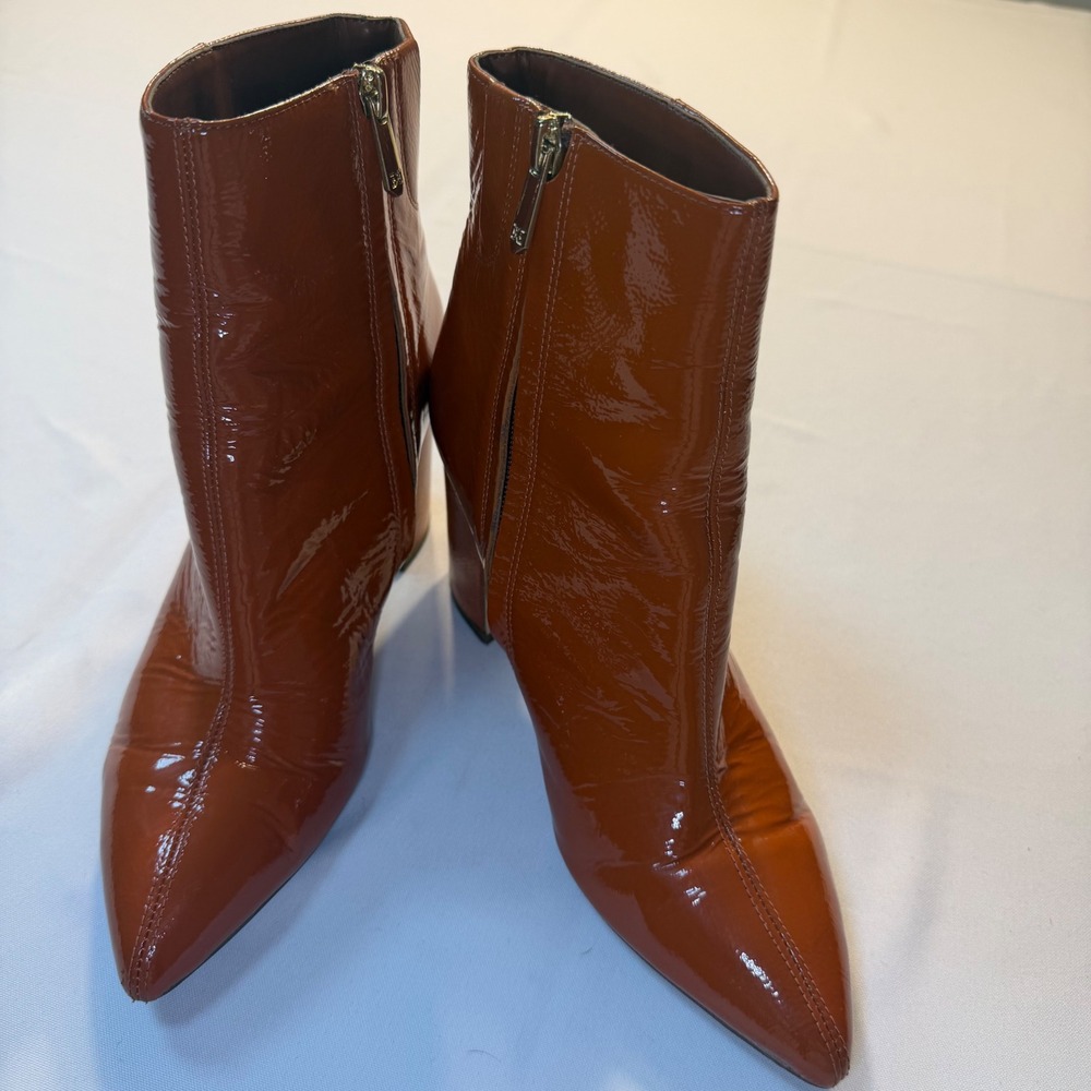 Sam Edelman Burnt Orange Patent Leather Pointed Toe Block Heel Ankle Boots 7.5